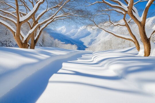 A serene winter landscape with snow-covered trees and shadows stretching across a pristine field of snow, framed by distant snowy mountains under a bright blue sky