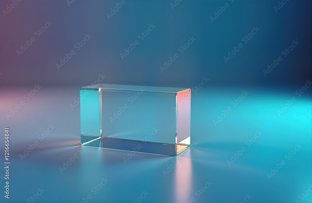 Poster Abstract geometric glass cube on gradient background. Transparent cube with vibrant colours. Modern design element. Creative product display. Visual for product presentation. Colorful tech concept.