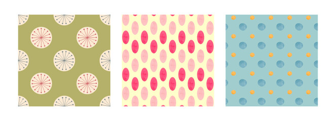 Vector set of seamless watercolor geometric patterns. Green with abstract dandelions, cream with pink ovals, blue with orange dots. Perfect for stationery, gift wrap, fabrics, and digital backgrounds.