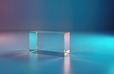 Abstract geometric glass cube on gradient background. Transparent cube with vibrant colours. Modern design element. Creative product display. Visual for product presentation. Colorful tech concept.