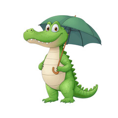 Naklejka premium Crocodile standing upright while holding an umbrella in a playful outdoor setting.