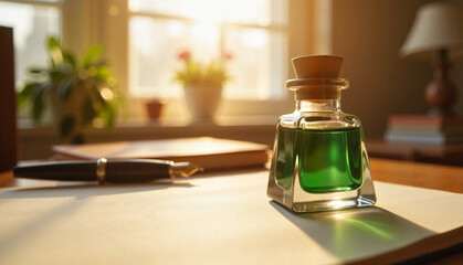 Elegant glass bottle with green liquid, reflecting a serene workspace in warm sunlight