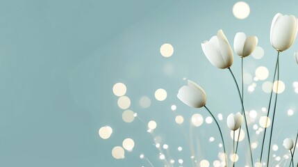 Elegant white tulips with bokeh lights on a teal background.