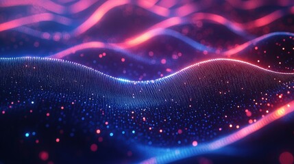 Abstract iridescent holographic background with colorful neon waves, flowing lines, a dark blue and red color scheme, glowing light effects
