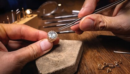 A master jeweler setting gems into diamond ring, workshop with professional tools 