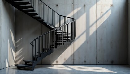 Modern iron staircase in minimalist interior, showcasing elegance and simplicity, with soft shadows