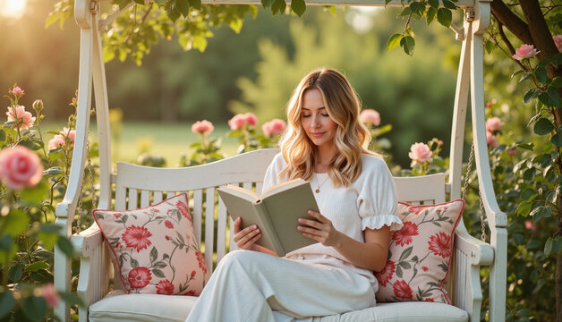 Woman reading a book on a cozy swing surrounded by blooming roses in a garden