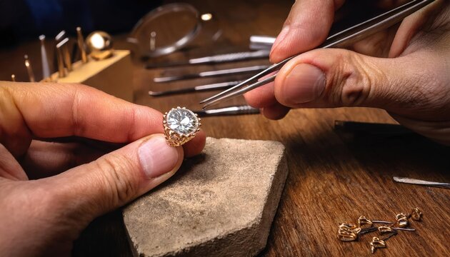 A master jeweler setting gems into diamond ring, workshop with professional tools