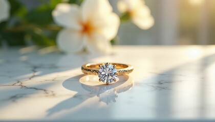 Engagement ring on marble surface with sunlight and flowers in background