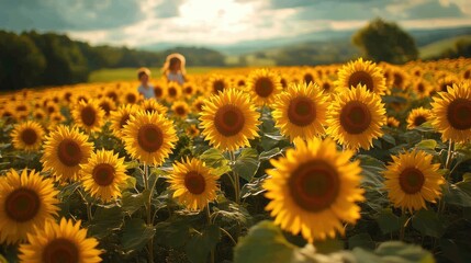 Fototapeta premium Children playing in summer sunflower field at sunset