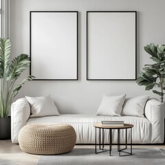 Modern living room interior with minimalist design and greenery