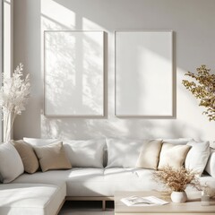 Cozy Living Room with Natural Light and Blank Frames on Wall