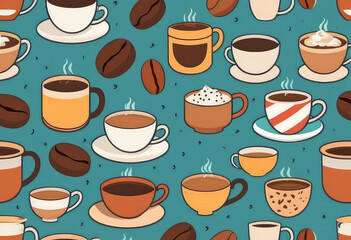 Cozy Coffee Pattern Featuring Various Cups, Creamy Toppings, and Coffee Beans on Teal Background - Warm and Inviting Design