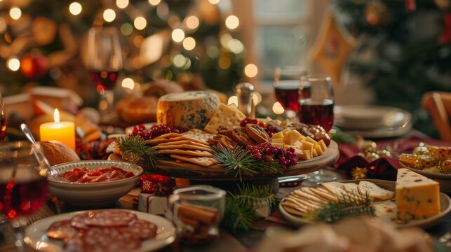 A holiday cheese board with crackers seasonal greenery and festive lights perfect for event planning and Christmas menus
