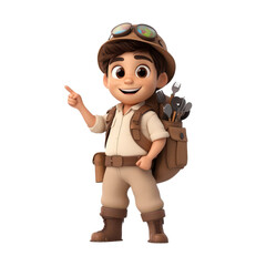 Cartoon boy dressed in safari outfit and hat holding a toy gun in a playful outdoor setting.