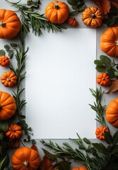 Fototapeta premium Festive Autumn Arrangement with Fresh Pumpkins, Colorful Leaves, and Sprigs of Rosemary Surrounding Blank Space for Text or Design in a Warm, Inviting Setting