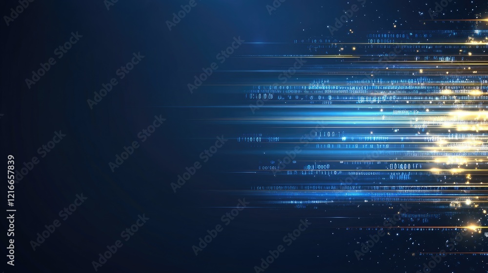 Poster a detailed background featuring glowing elements and binary code set against a dark blue backdrop, i