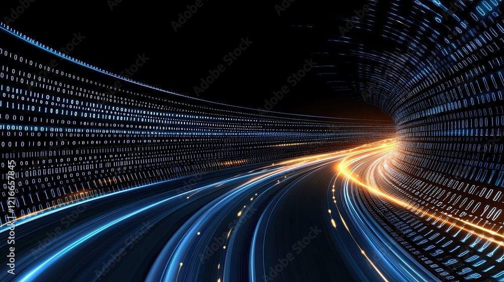 Poster a detailed background featuring glowing elements and binary code set against a dark blue backdrop, i
