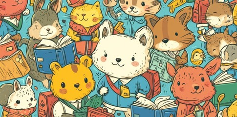 Adorable Animals Studying Together In A Colorful Setting