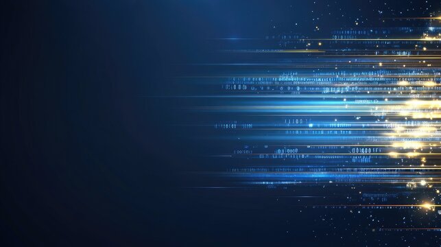 A detailed background featuring glowing elements and binary code set against a dark blue backdrop, ideal for technology themes