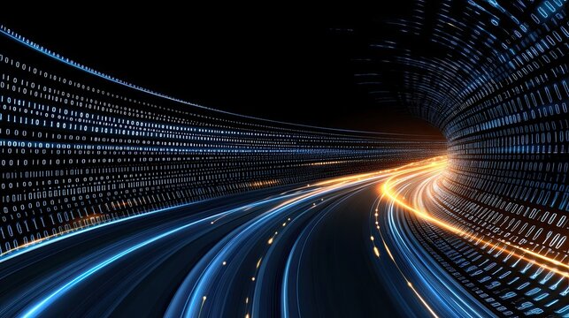 A detailed background featuring glowing elements and binary code set against a dark blue backdrop, ideal for technology themes