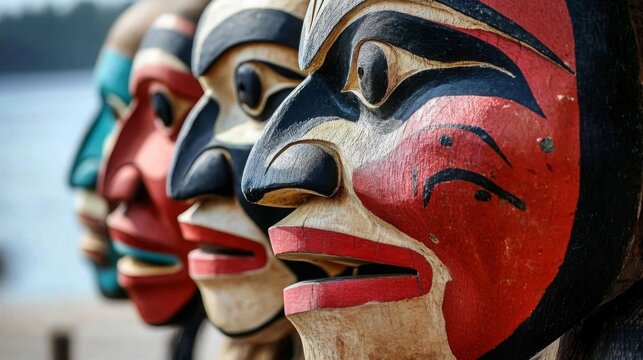 Native American wooden art totem. Traditional Indigenous Indian banner design.