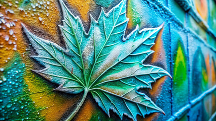 Fototapeta premium Frosted leaf graffiti art on colorful wall, showcasing unique texture and design