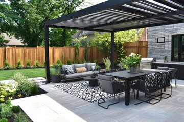 modern backyard patio with pergola, outdoor furniture, and geometric rug