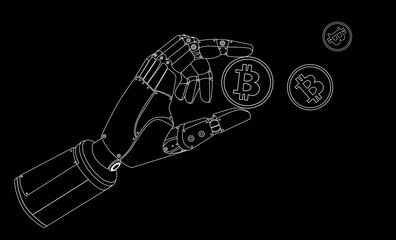 Robotic bionic hand with cryptocurrency coins Line art banner design. Cryptocurrency and blockchain technology concept. AI robot hand holding bitcoin with financial chart. Vector illustration