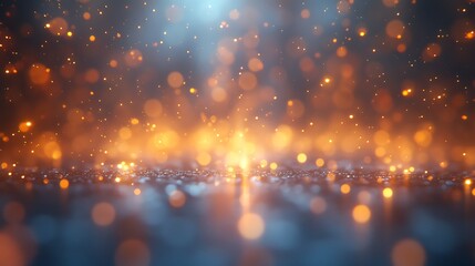 Fototapeta premium A blurred abstract background of glowing golden bokeh sparkles scattered over a rich blue base.