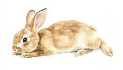Obraz premium A cute, fluffy rabbit resting on a white background, showcasing its soft fur and peaceful demeanor