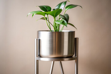 Futuristic titanium plant stand with gentle vibes and ethereal design