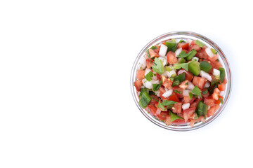 Traditional Mexican Pico de Gallo sauce isolated on white background. Top view. Copy space