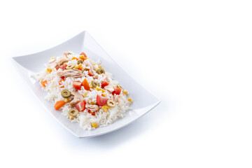 Rice salad with tomato, corn,olives and tuna isolated on white background. Copy space