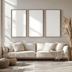 Modern Living Room with Empty Frames and Cozy Sofa Arrangement