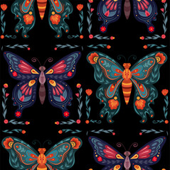 Fototapeta premium Vector seamless tile pattern with tracery butterflies and floral decorations. Folk art texture with flying insects on black background.