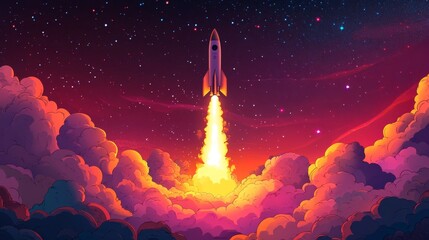 Fototapeta premium Rocket launch into space cosmic sky digital art vibrant environment side view adventure