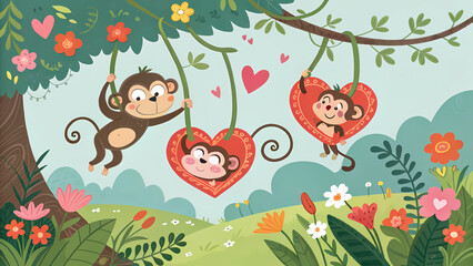 Fototapeta premium This image presents a charming and whimsical illustration of three monkeys in a lush jungle setting, interacting with heart-shaped elements.