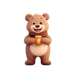 Fototapeta premium Brown bear sitting and holding a cup of coffee in a natural outdoor setting.