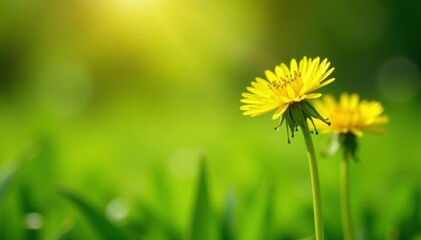 Delicate yellow dandelion flowers sway in the gentle spring breeze against a backdrop of lush green grass, delicate, morning, serene