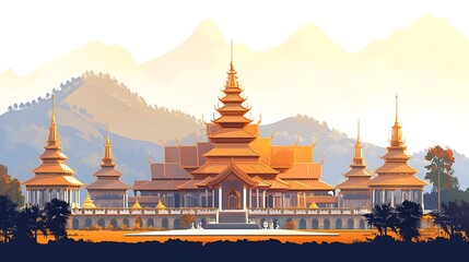 Naklejka premium Majestic Golden Palace in Mountainous Landscape.