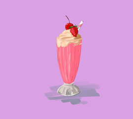 Strawberry milkshake with whipped cream, strawberries  and cherry on a lilac background. Hand-drawn illustration