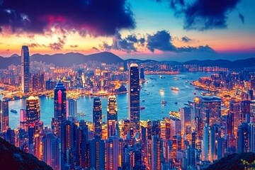 Naklejka premium Hong Kong - Victoria harbour at sunset, Generative AI