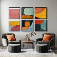 Stylish modern living room with colorful abstract art on walls