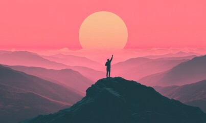 Copy space of man rise hand up on top of mountain and sunset sky abstract background., Generative AI