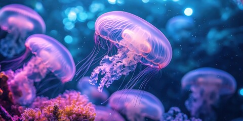 Obraz premium Graceful Jellyfish Swim in Vibrant Underwater Scene