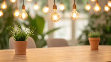 Cozy interior with hanging light bulbs and potted plants on wooden table creating warm ambiance