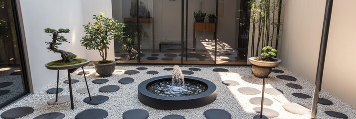 Zen garden courtyard fountain, pebbles, bonsai. Peaceful interior design