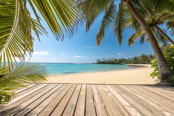 Fototapeta premium Sunny Beach View Framed by Palm Leaves with Wooden Deck in Foreground