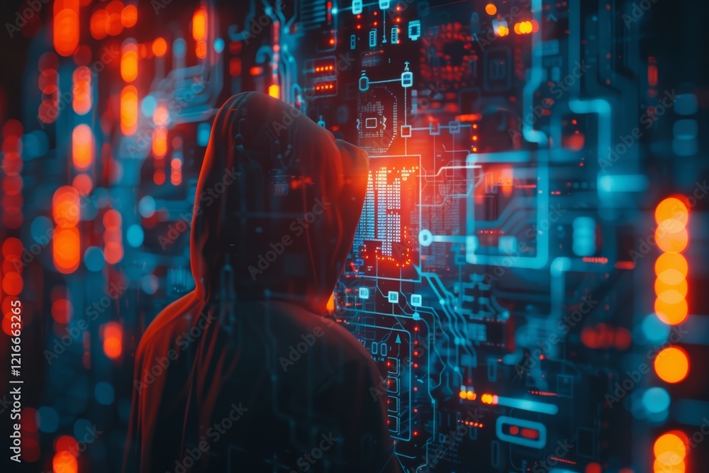 Poster abstract representation of a hacker breaking into a system, a graphic showcasing hackers as central 